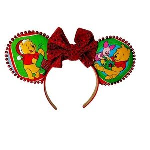 Winnie the Pooh Christmas Mickey Ears Headband Red Sequin Bow Holiday Handmade